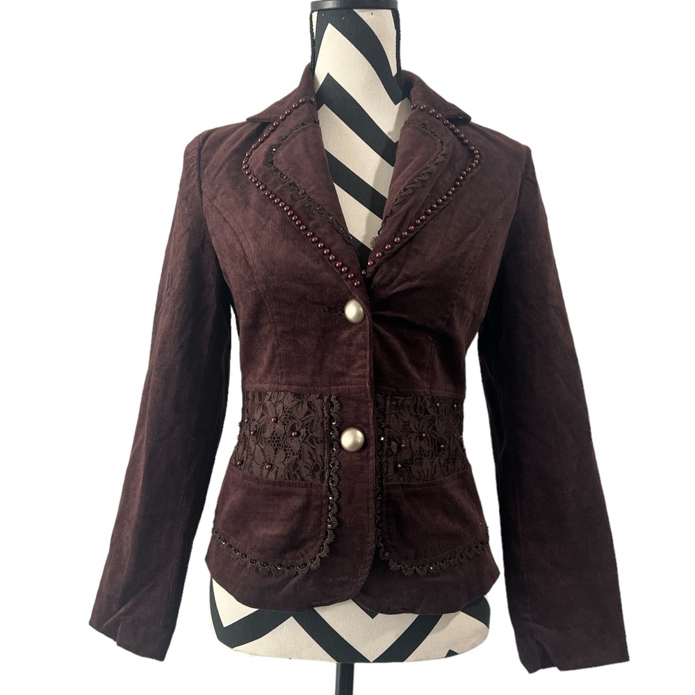 Vintage Brown Corduroy Blazer Jacket Embellished with Pearls and Lace Y2K